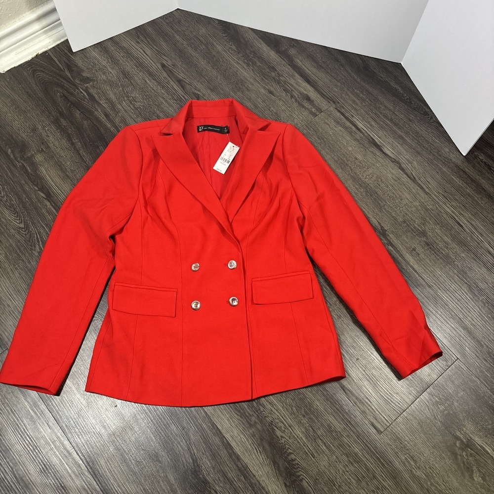 New York & Company Women Red Double Breasted Blazer Jacket Silver Buttons M